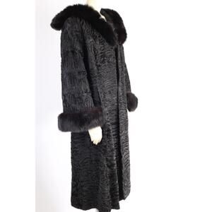 Vintage Black Swakara Lamb Fur Long Hooded Warm Winter Coat Sz S Fox Fur Collar